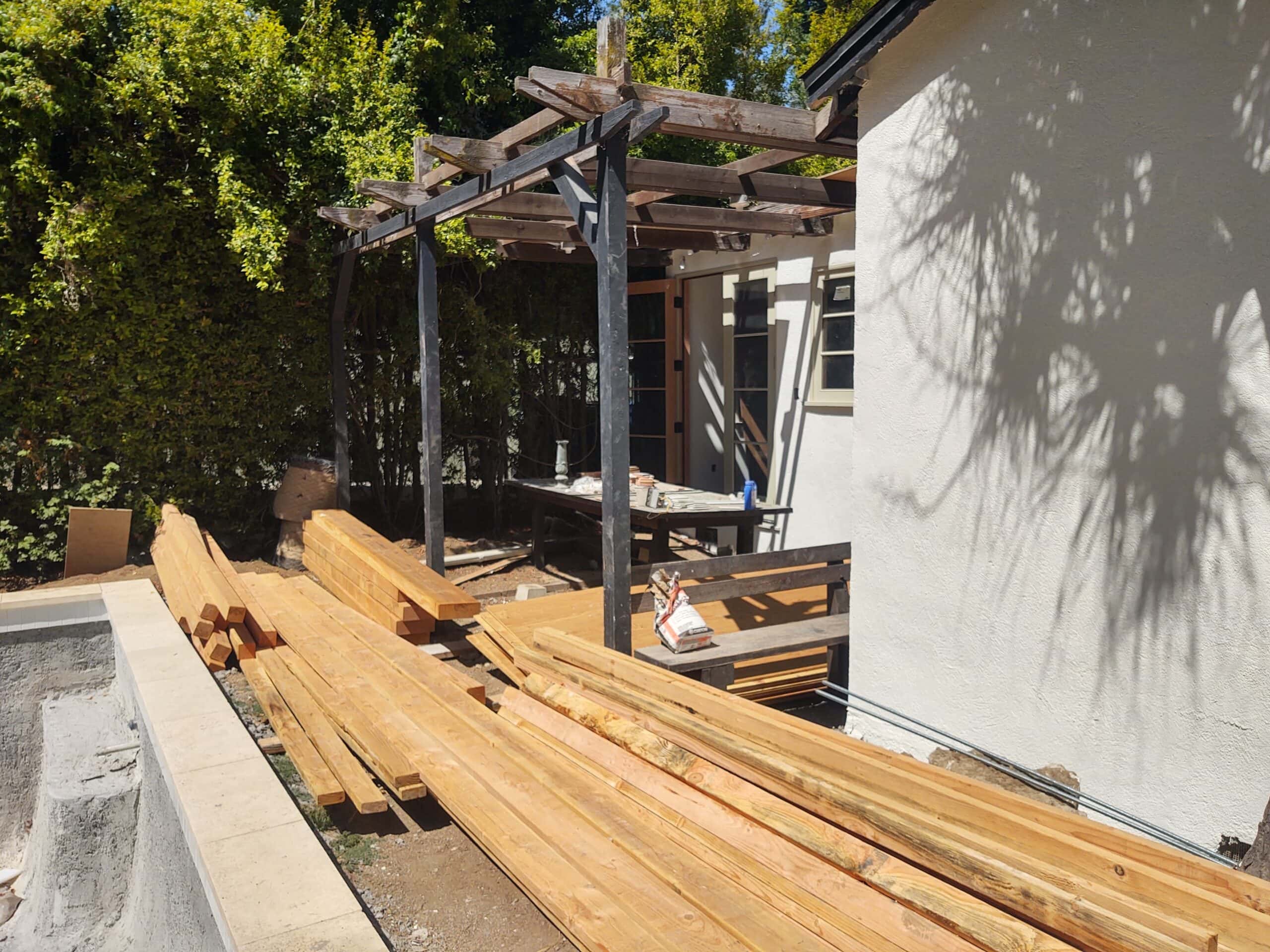 New wooden deck under construction in a backyard in Los Angeles.